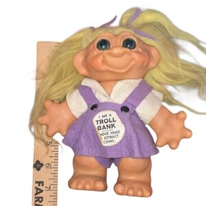 Troll Bank Toy with Purple Outfit Vintage Yellow Hair